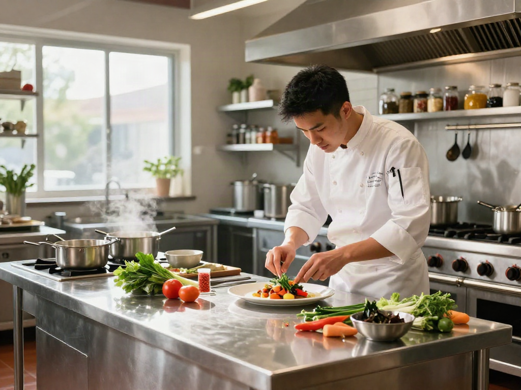 Stainless Steel Kitchen Tables in a busy commercial kitchen with chefs preparing fresh dishes.
