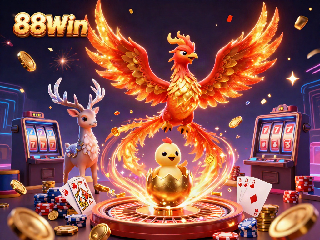 Experience the excitement of 88Win casino with a vibrant 3D illustration featuring a fiery phoenix and dynamic gaming elements.