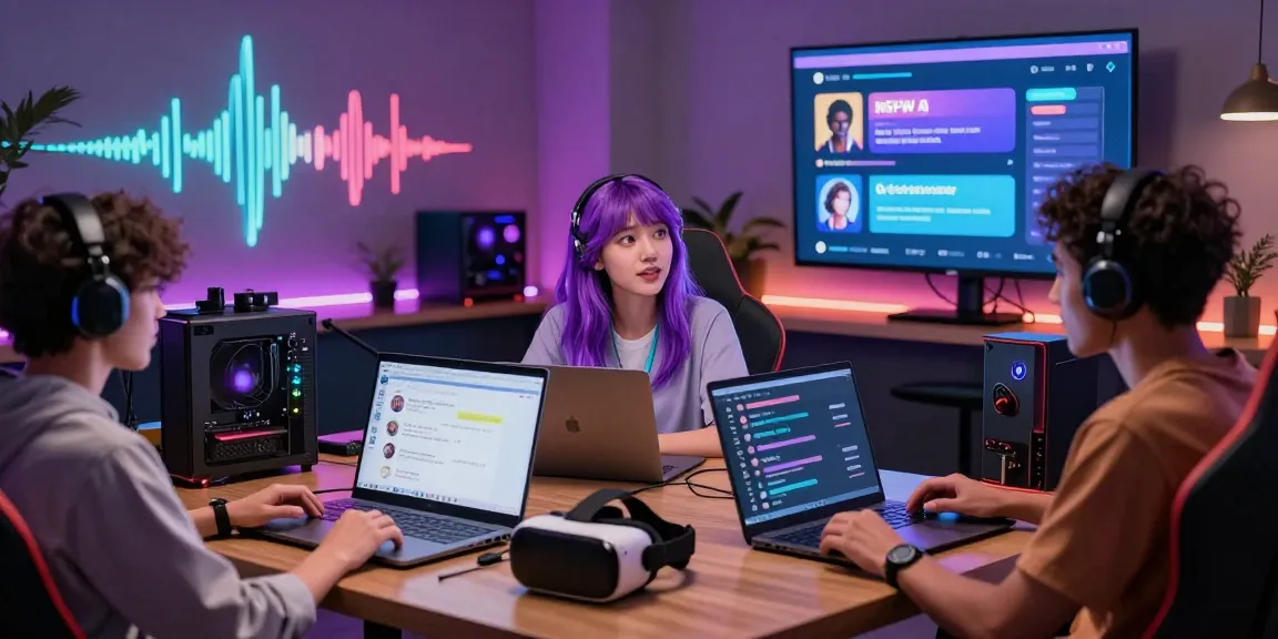 Engaging group in relaxed lounge exploring ai chat nsfw technology with colorful LED lights.