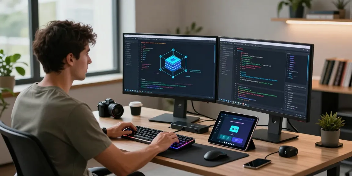 Engaging tech workspace depicting software developer focused on Web3 application development with modern setup and blockchain diagrams.
