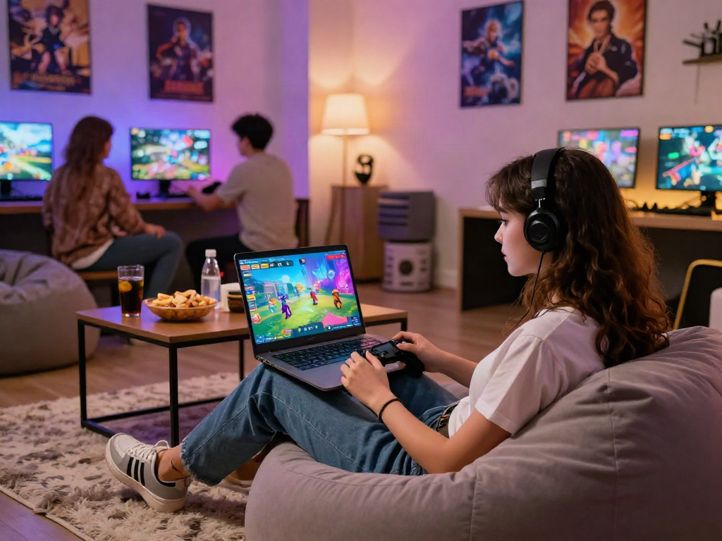 Cozy gaming lounge scene featuring a woman playing an adult game with friends.