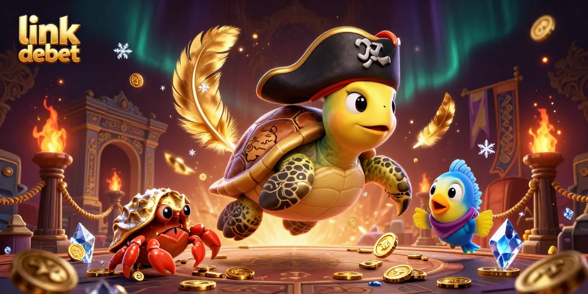 Link debet showcases a vibrant casino scene with a pirate turtle, crab, and parrotfish amidst treasures.