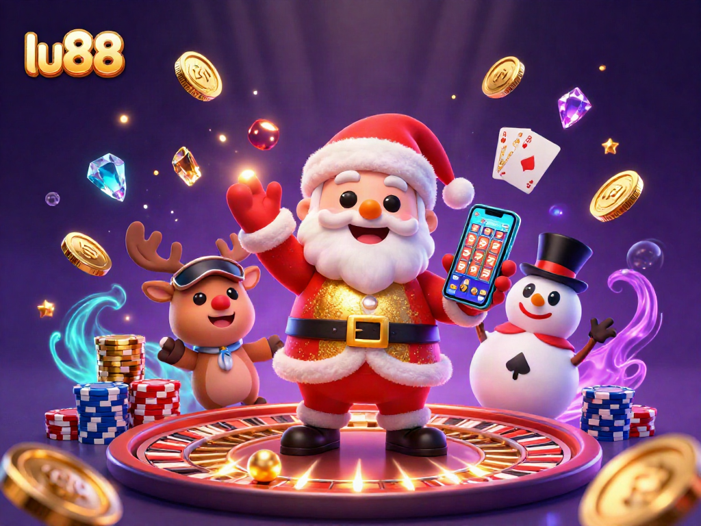 Win big with lu88 in a dazzling casino world featuring Santa, a reindeer dealer, and a poker chip snowman.
