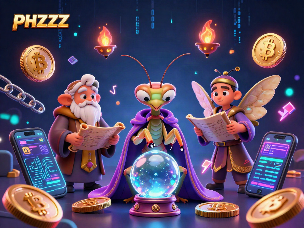 Engage with PHZZZ in this dynamic 3D illustration featuring fortune tellers and cryptocurrencies.
