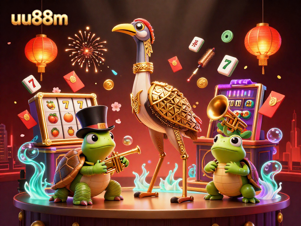 uu88m engages players with a vibrant 3D casino scene of colorful slots, characters, and festive elements.