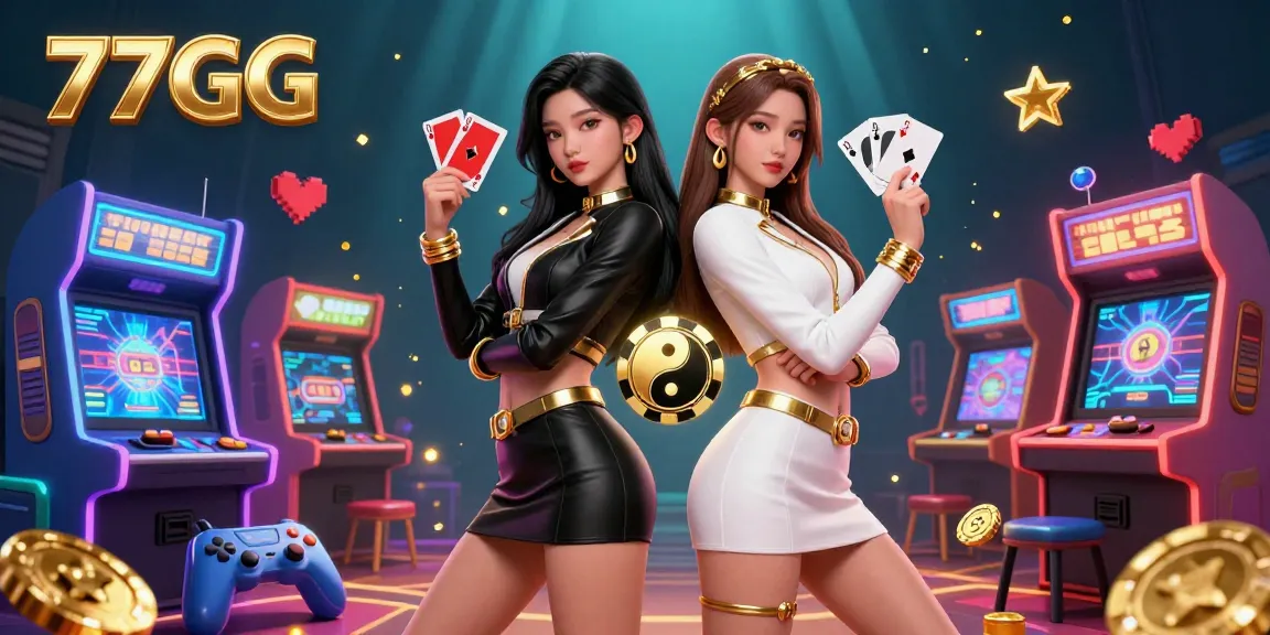 Experience the thrill of gaming at 77GG with a stunning 3D illustration featuring twin Asian women and vibrant casino elements.