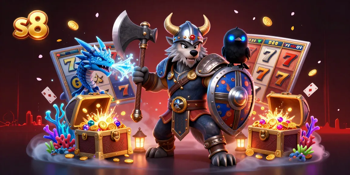 Experience winning thrills at s8 with Viking warrior and dragon in a captivating casino adventure.