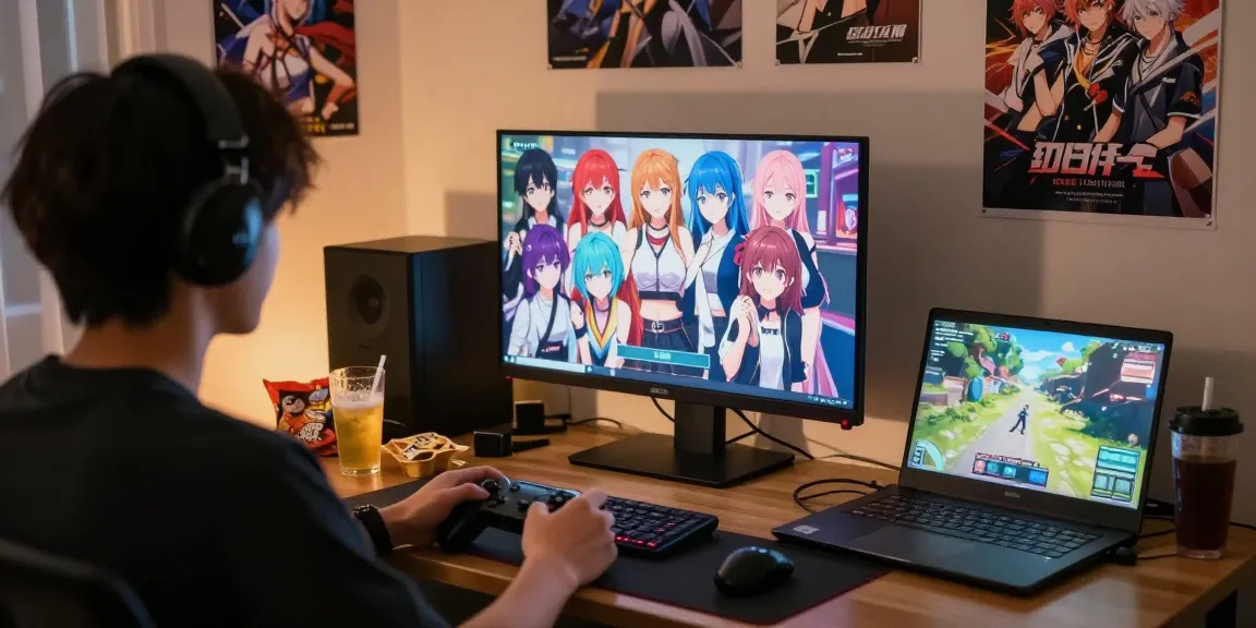 Engaged player enjoying femboy hentai games on a colorful computer screen in a vibrant bedroom setting.