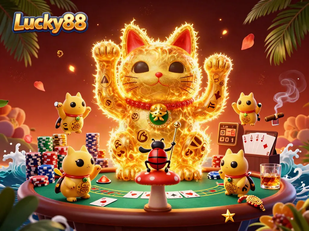 Engage in exciting gameplay with Lucky88's vibrant casino-themed illustration featuring a lucky cat and dynamic poker elements.