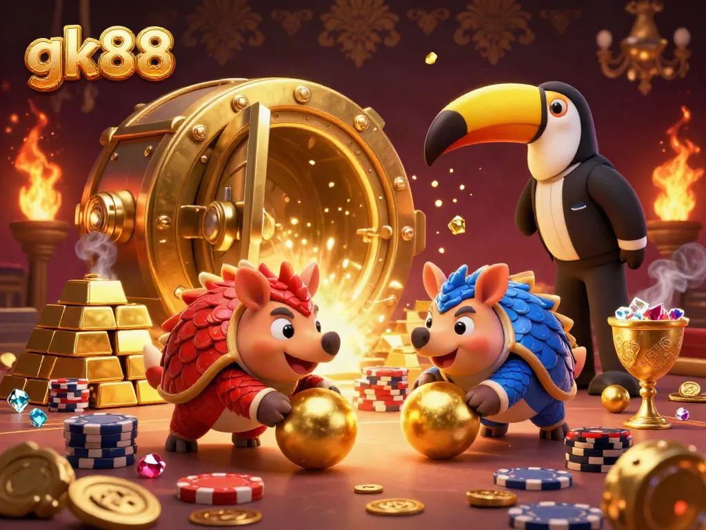 Experience the excitement of gk88 with rival pangolins bowling through poker chips in a vibrant casino scene.