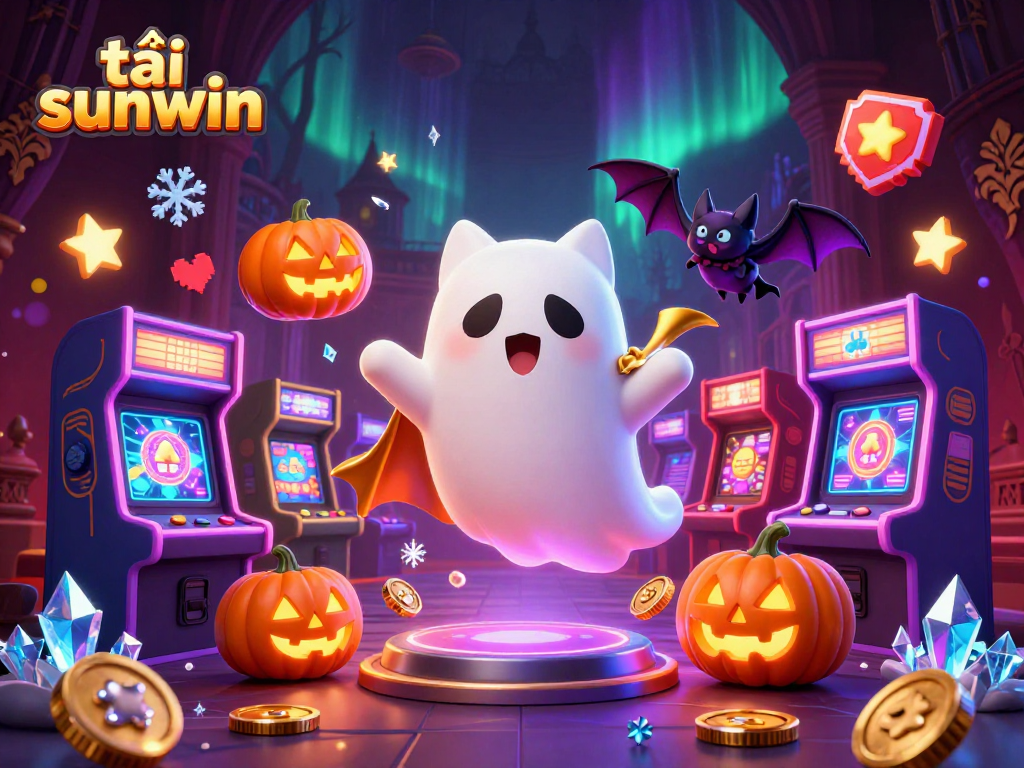 Engage with the haunted ambiance of tải sunwin featuring spooky characters and casino elements in a vibrant scene.