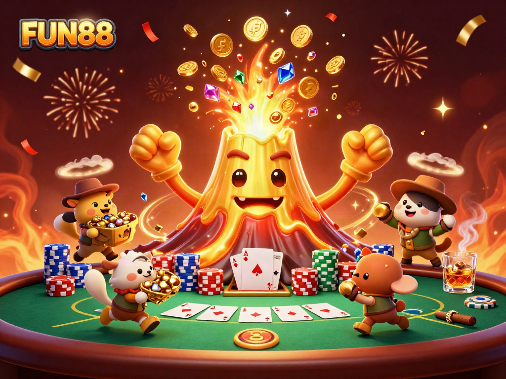 Experience excitement and winnings with FUN88 in a dynamic casino-themed illustration.