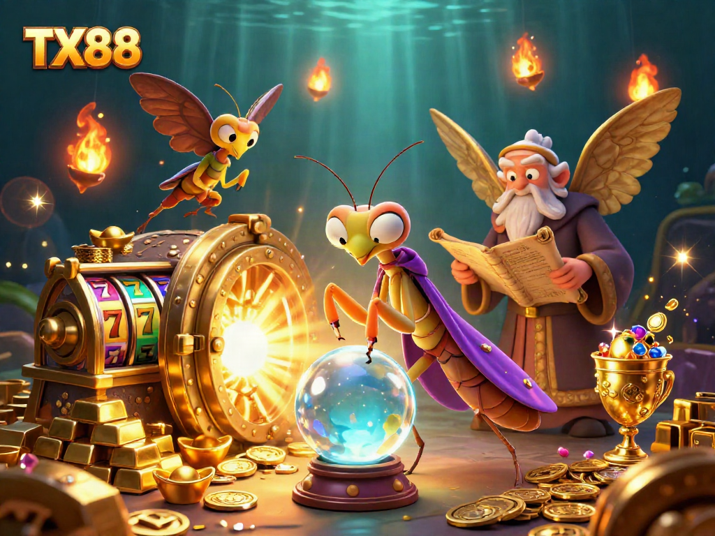 Experience TX88's vibrant casino world through a captivating 3D illustration featuring unique characters and symbols.