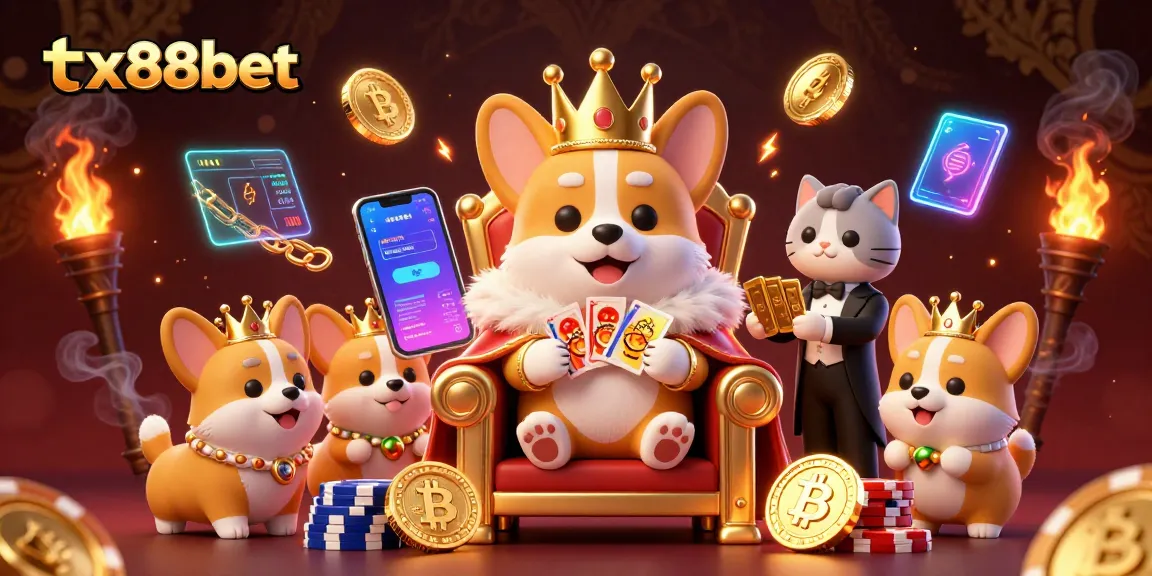 Experience winning strategies with tx88bet's vibrant 3D casino illustration featuring royal corgi characters.