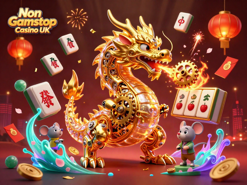 Experience the excitement of a Non Gamstop Casino UK with a vibrant dragon and game elements.