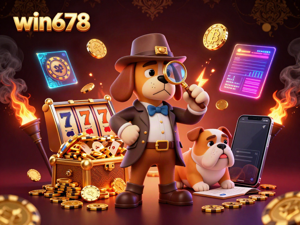 Join the treasure hunt with win678 in a vibrant casino scene featuring 3D characters examining clues.
