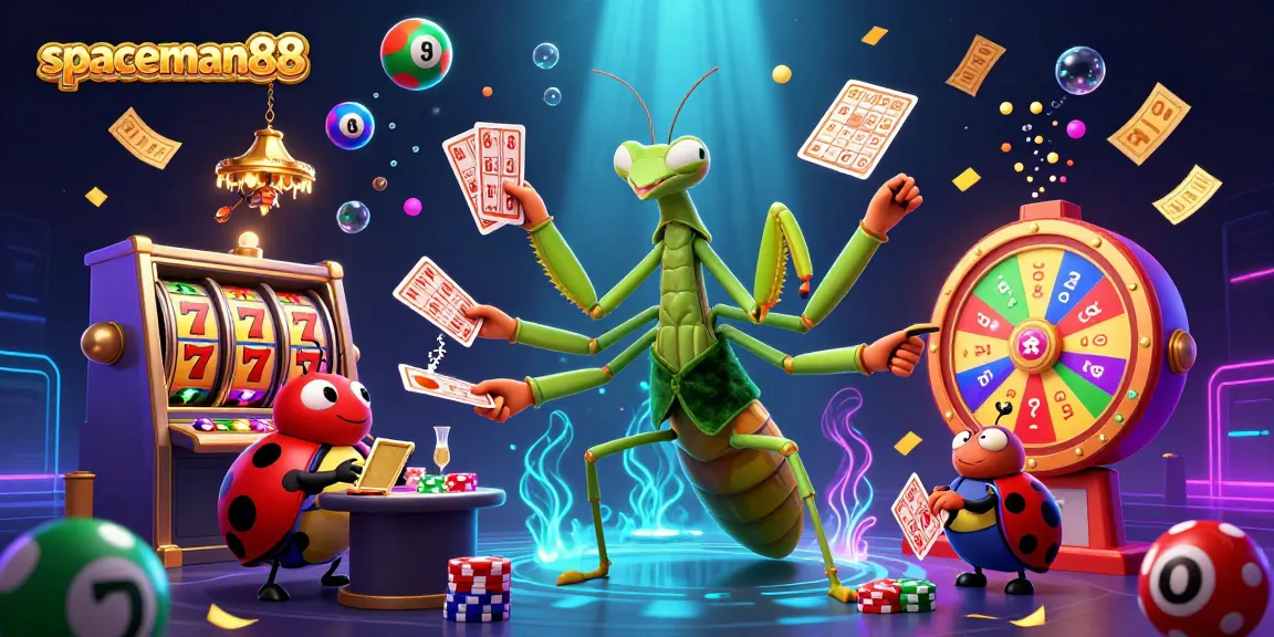 Experience the excitement at spaceman88 with a giant mantis dealer amidst vibrant slots, chips, and lottery elements.