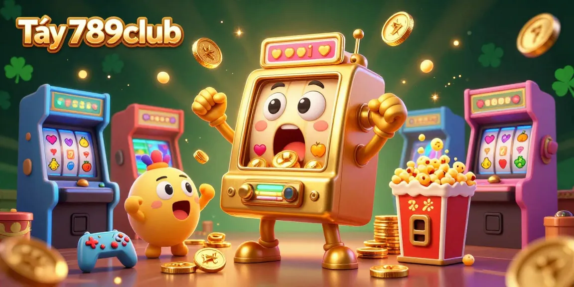 Tải 789club to hit jackpots with golden slot machines cheering in this vibrant casino illustration.