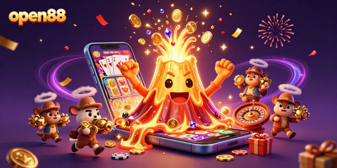 Engage with open88's thrilling 3D casino experience featuring a golden volcano and exciting treasures.