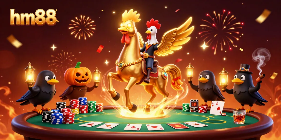 The golden rooster representing hm88 plays in a vibrant casino scene, showcasing poker elements and festive details.