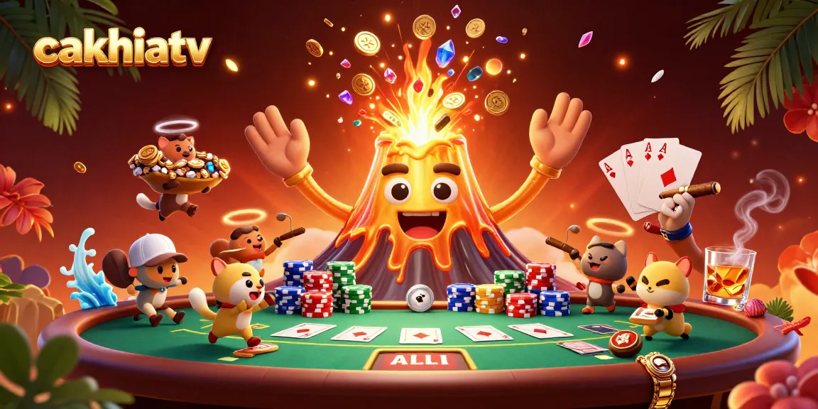 CakhiaTV showcases thrilling casino action with a erupting volcano of treasures in a vibrant gambling scene.