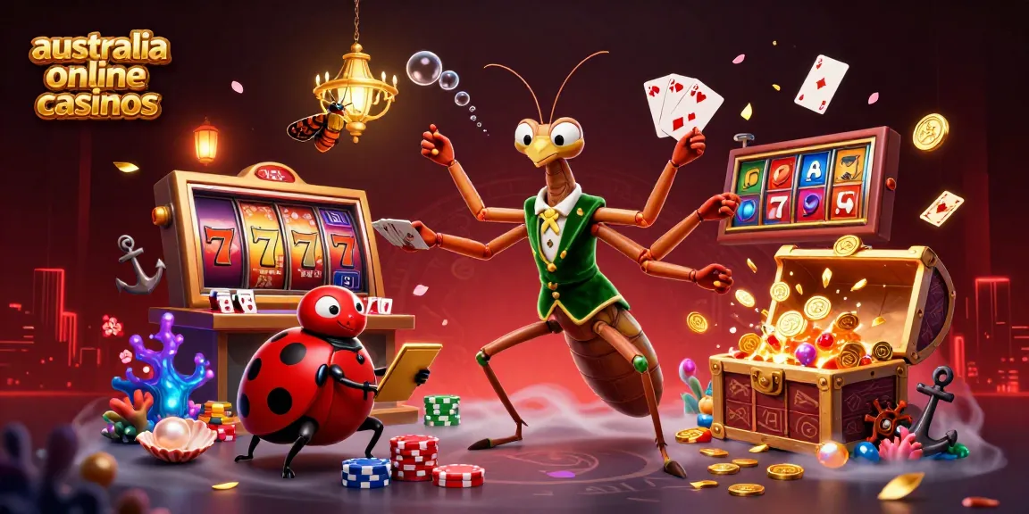 A lively scene of a praying mantis dealer, ladybug pit boss, and moth in a vibrant casino setting, showcasing australia online casinos.