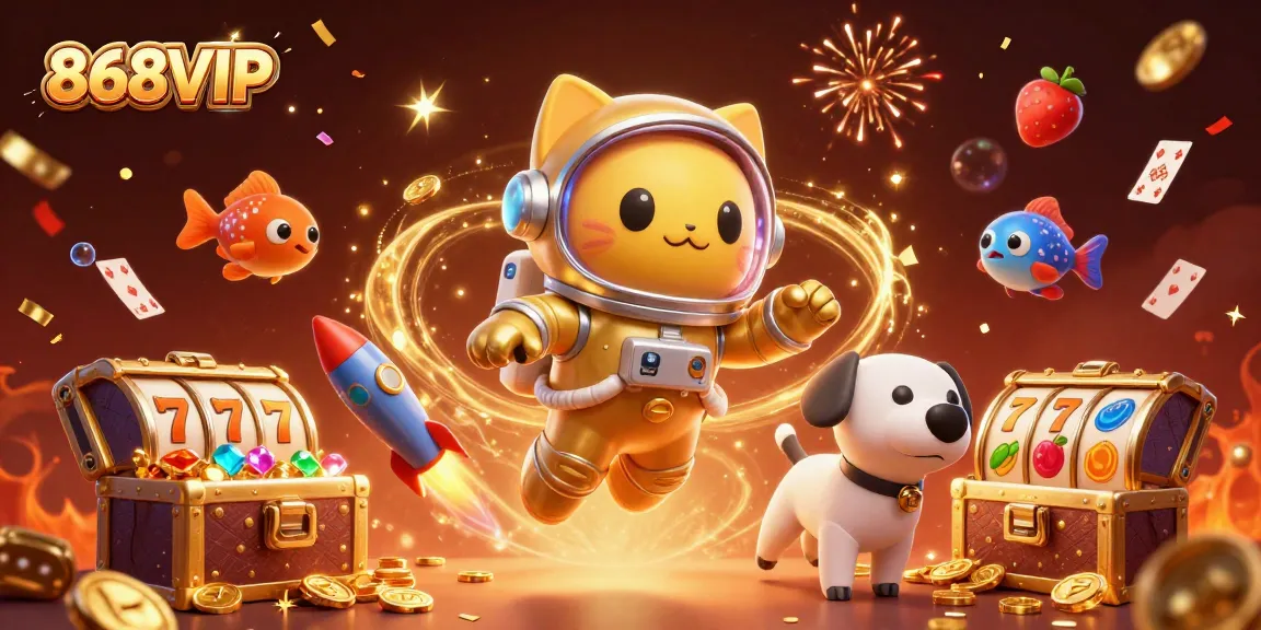 Win big with 868VIP slots as a 3D cat astronaut floats amidst a vibrant cosmic scene.