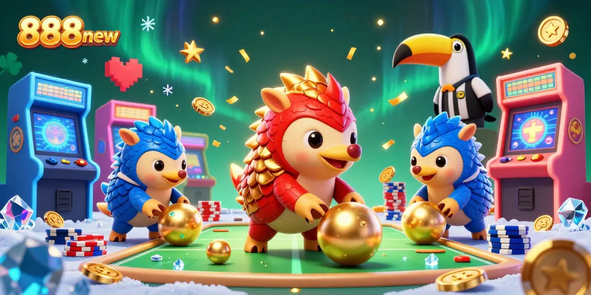 Engage in thrilling gameplay with 888new as pangolins compete in a casino setting surrounded by vibrant arcade games.