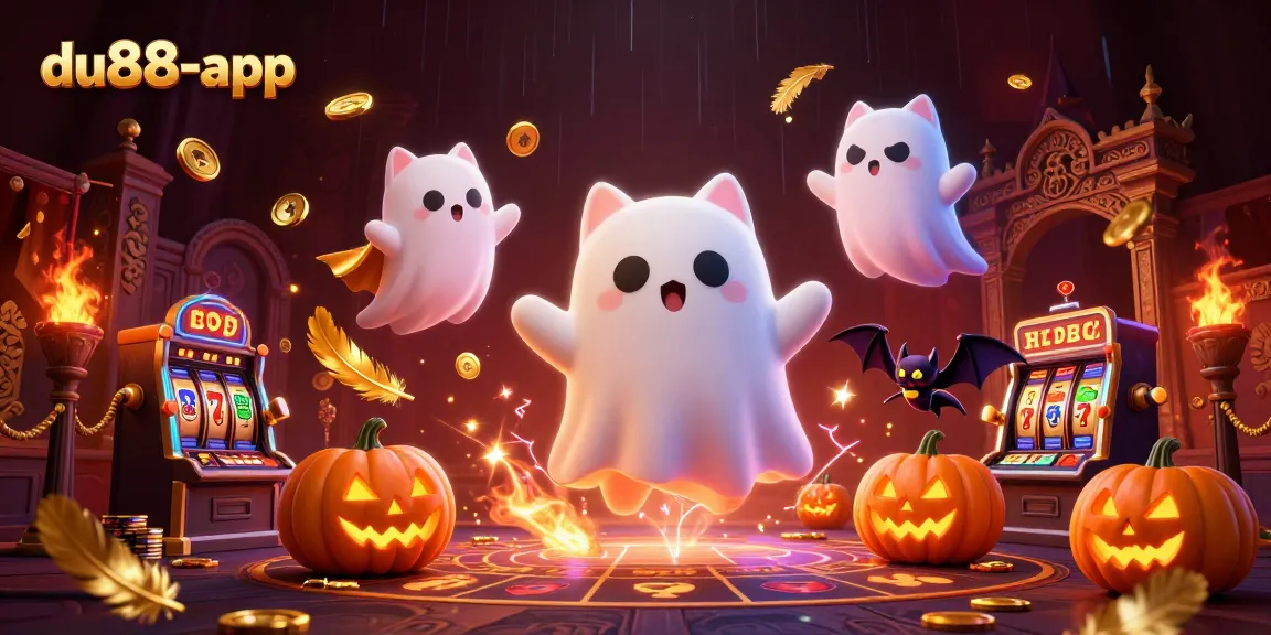 Engage with du88-app in this vibrant haunted casino scene featuring a ghost cat and jack-o-lanterns.