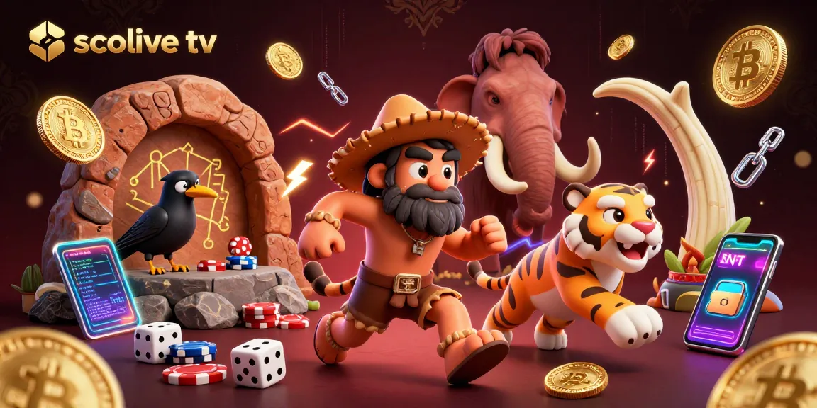 Experience dynamic gaming at socolive tv with a prehistoric casino scene featuring Bitcoin and Ethereum elements.