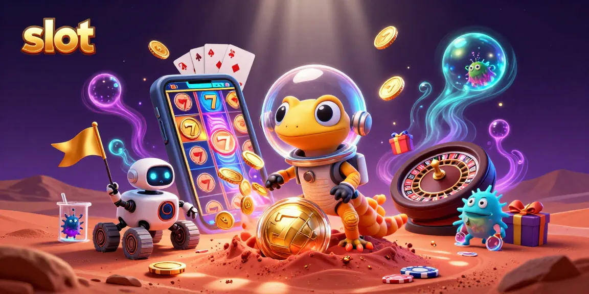 Spin the reels at slot games with Martian gecko and robot in vibrant casino scene.