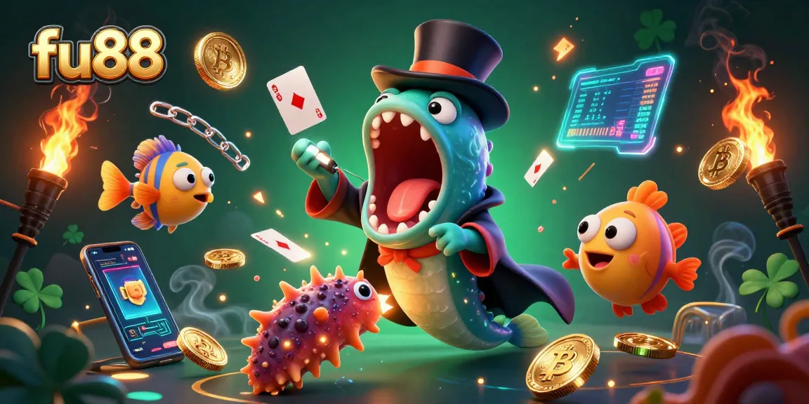 fu88 showcases a vibrant casino scene with a deep-sea eel performing tricks amidst glowing crypto coins.