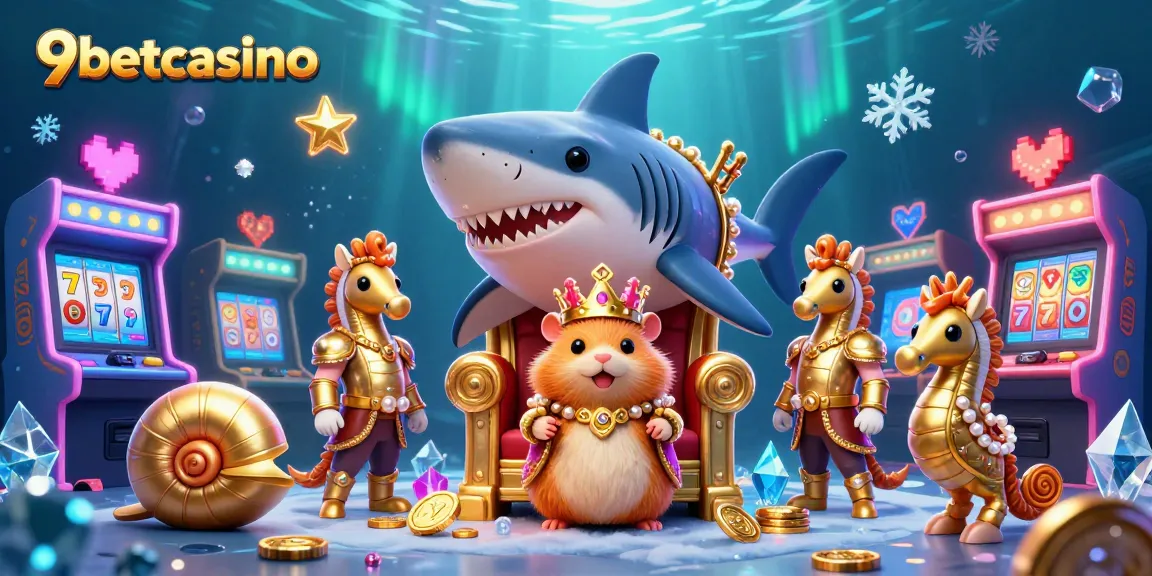 Experience exciting slots at 9betcasino with a vivid underwater casino scene featuring royal characters.
