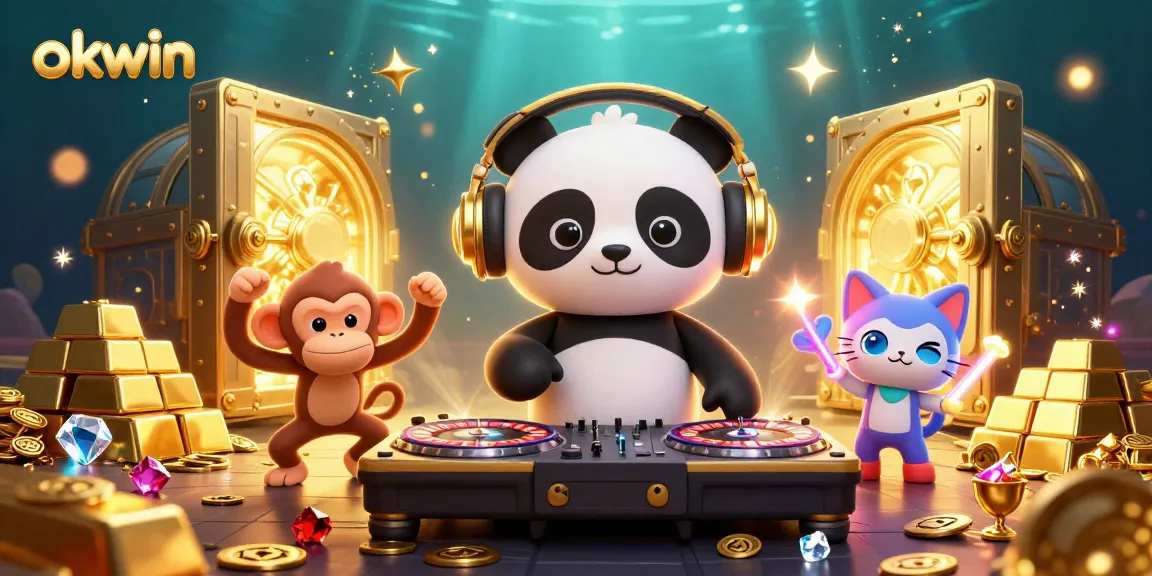 Engaging okwin casino party scene featuring a DJ panda spinning roulette wheels with vibrant gems and gold