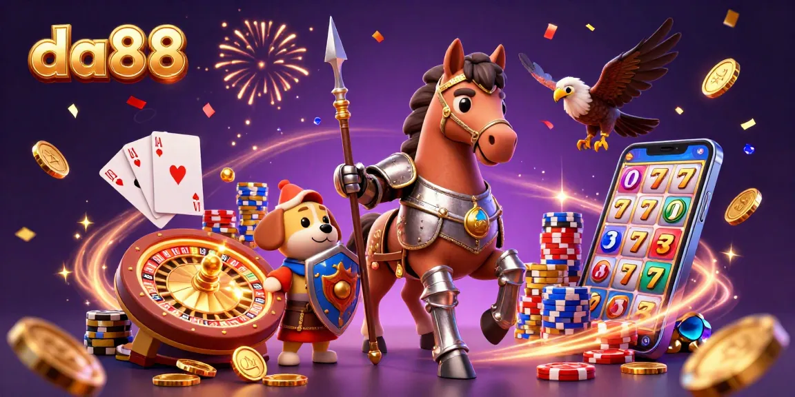 Experience the thrilling excitement of da88 with a majestic knight, playful puppy, and sparkling casino elements.
