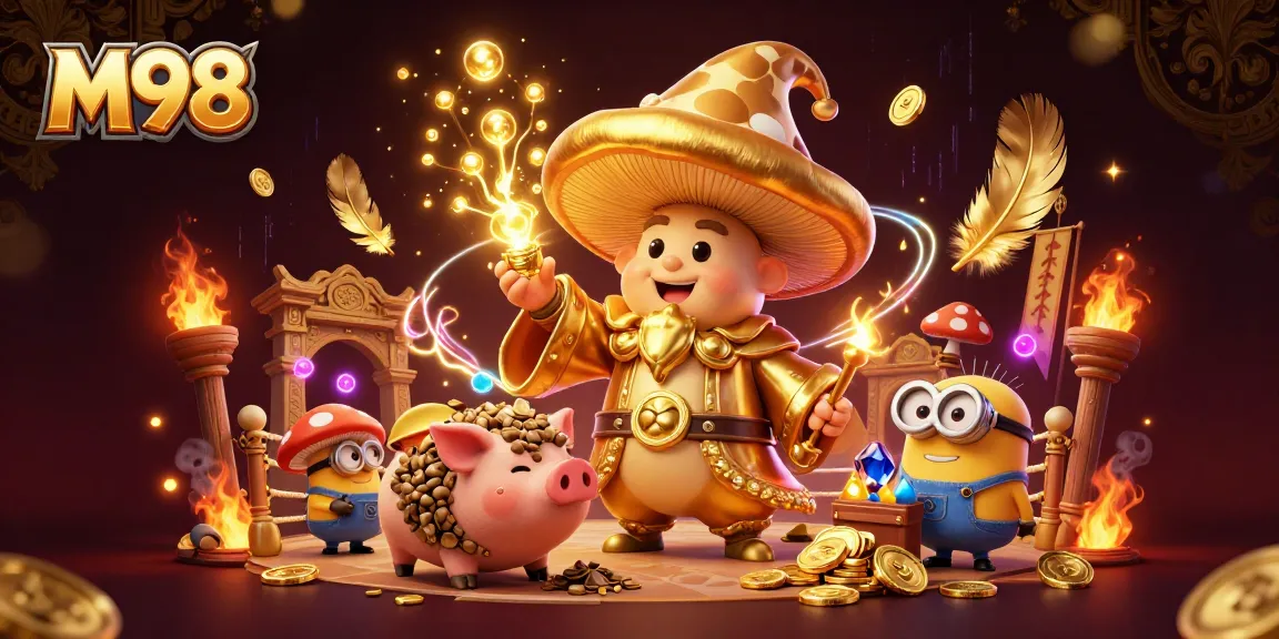 M98 casino magic with a golden mushroom wizard, treasure-hunting pig, and vibrant game elements.