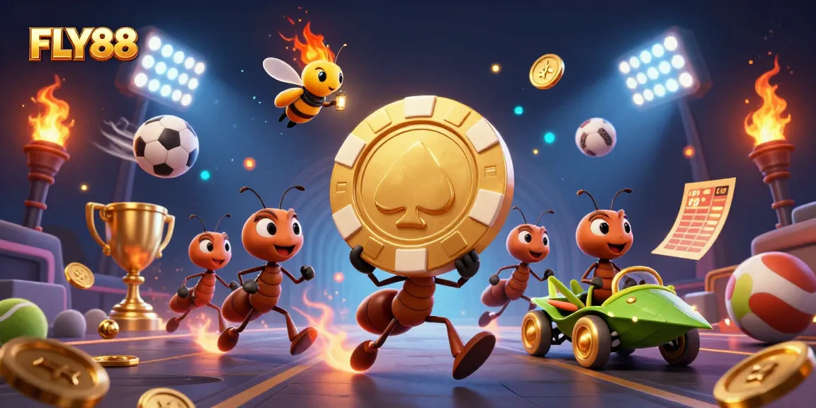 FLY88 features ants heisting a giant poker chip while sports elements enhance the thrilling scene.