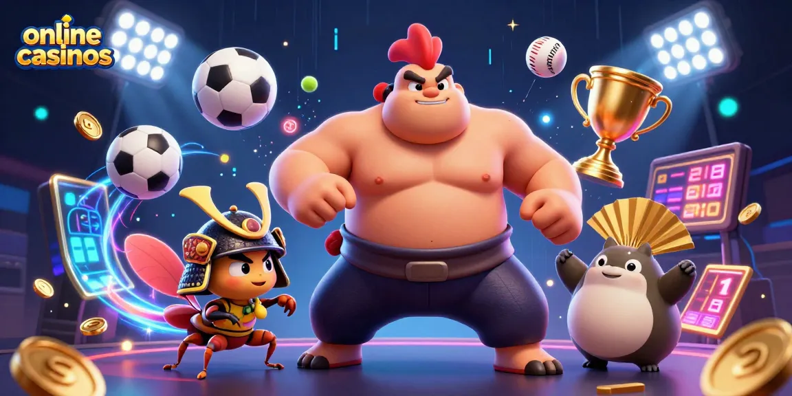 Engaging illustration showcasing online casinos featuring a powerful sumo rooster, a fierce samurai cricket, and a tanuki announcer amidst dynamic sports elements.
