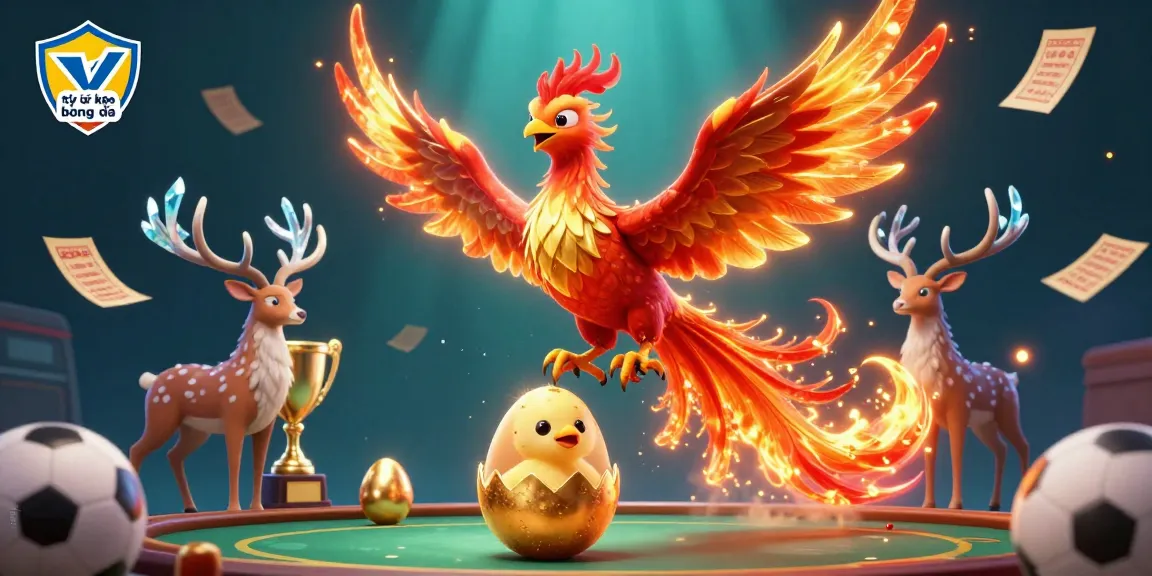 Engage with tỷ lệ kèo bóng đá through our dynamic sports betting scene featuring a soaring phoenix and mystical stag, capturing the thrill of gambling.