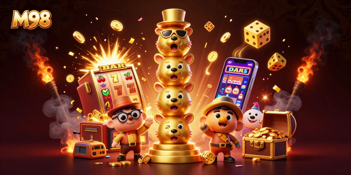 M98's vibrant casino illustration showcases a golden totem surrounded by slot machines and festive symbols